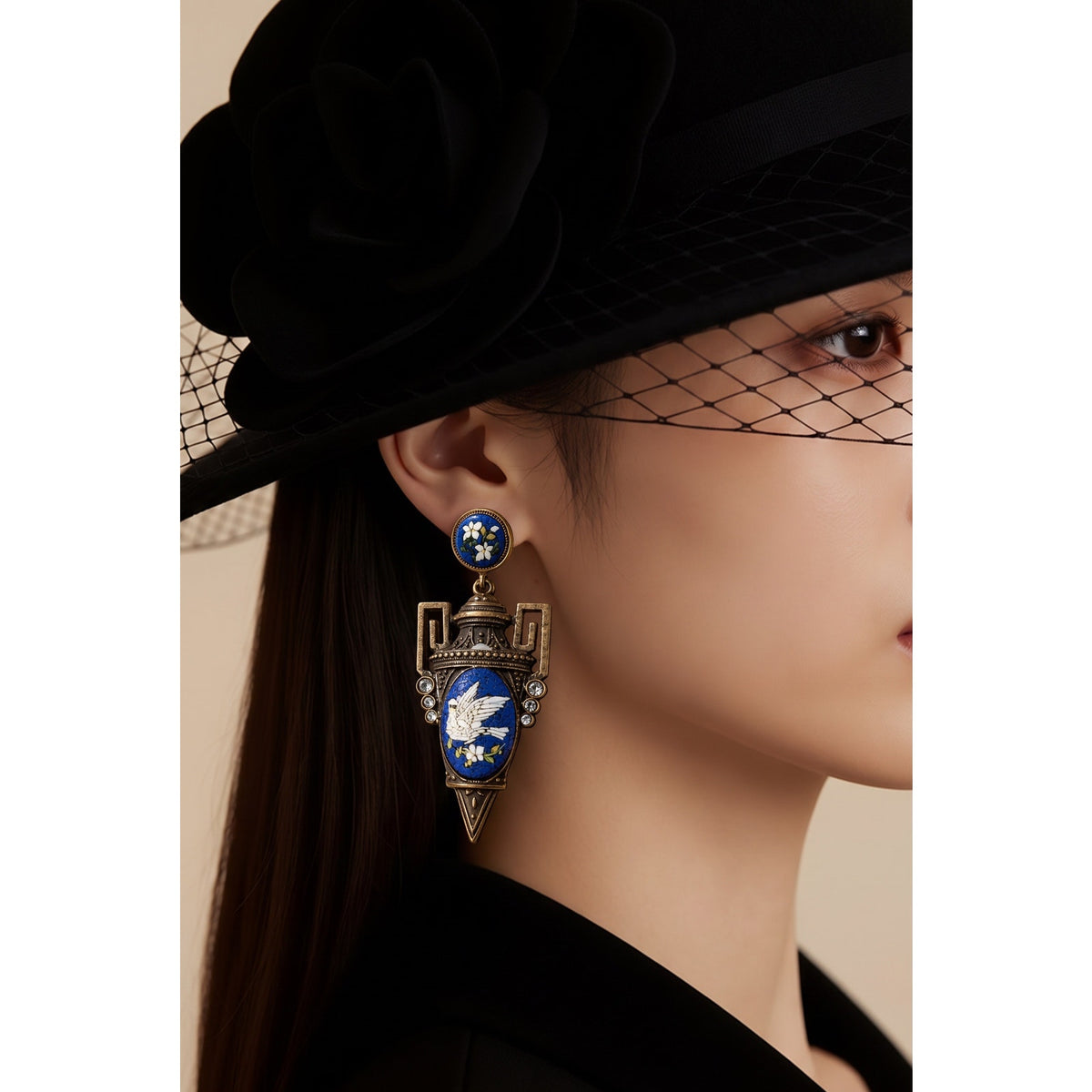 ✨ Pure Vintage Glam: SWEET ROMANCE Gilded Lapis Blue Dove Statement Earrings ✨