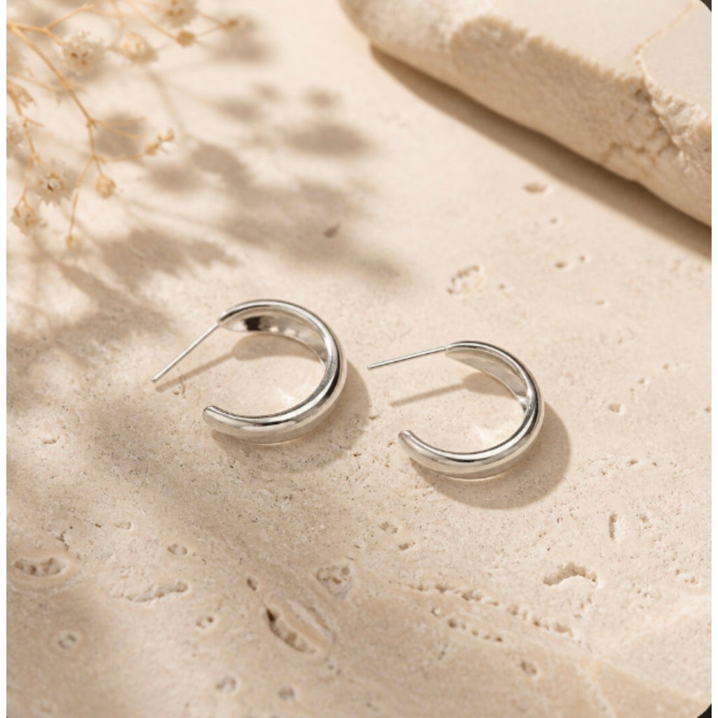 Chunky Silver C-Shape Hoop Earrings — Minimalist High-Polish Dome Tube Open Huggies