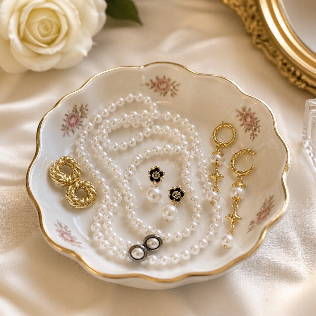 Chanel Style Pearl Necklace & 3 Pairs Earrings Set Gold Plated Mid Century
