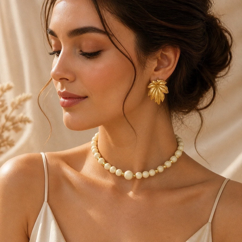 Mid-Century Gold Maple Earrings & Premier Design Graduated Pearl Strand Set-2 for 1