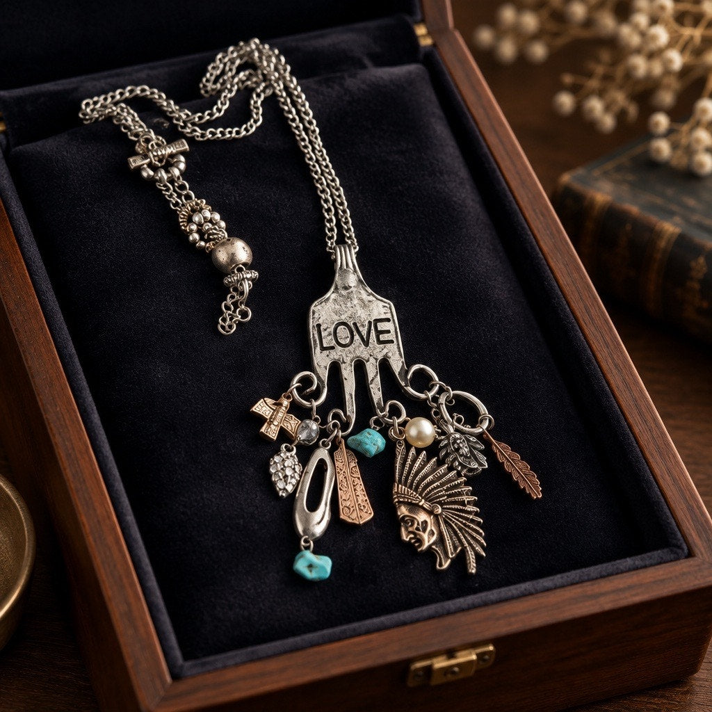 Handcrafted LOVE Fork Pendant Charm Necklace with Turquoise & Pearl Accents