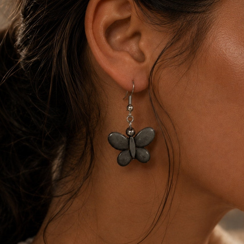 🦋 Midnight Stone Butterfly Drop Earrings – Handcrafted Artisan Design
