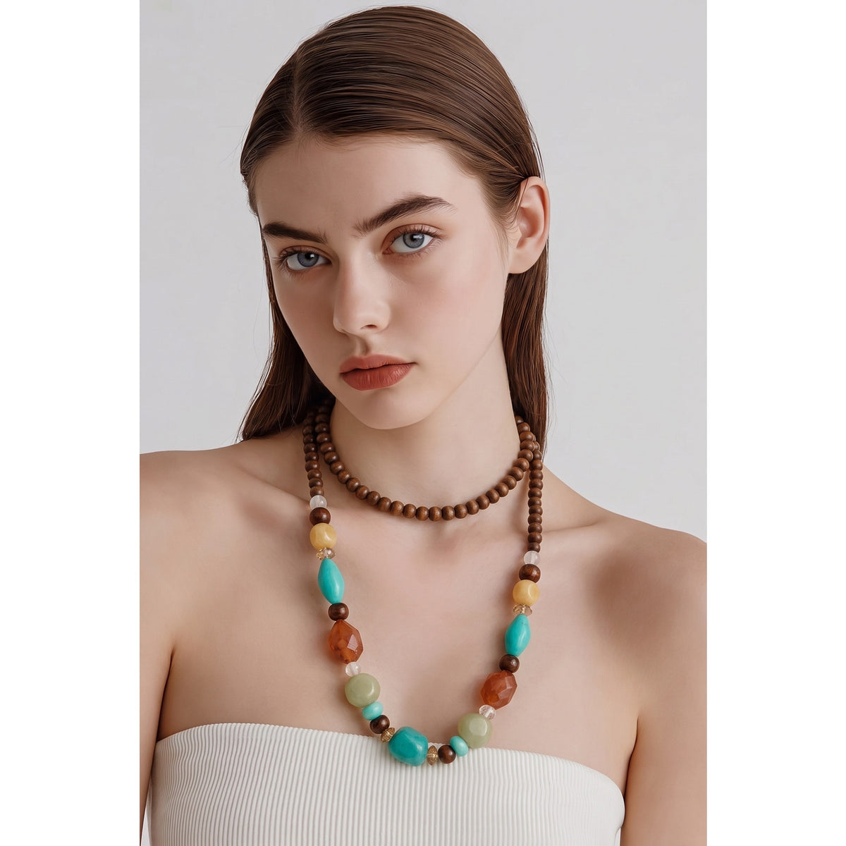 The Sedona Horizon Strand – Earthy Wood &  Turquoise Nugget Necklace Vintage