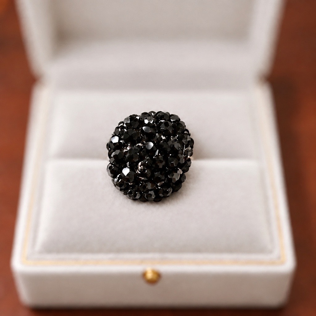 Vintage 1950 s Jet Black Crystal Dome Cluster Ring –Pavé Cocktail Statement Ring
