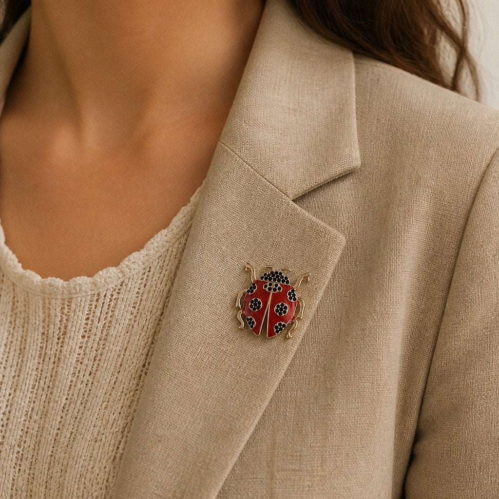 Charming Red Enamel & Rhinestone Ladybug Brooch Pin