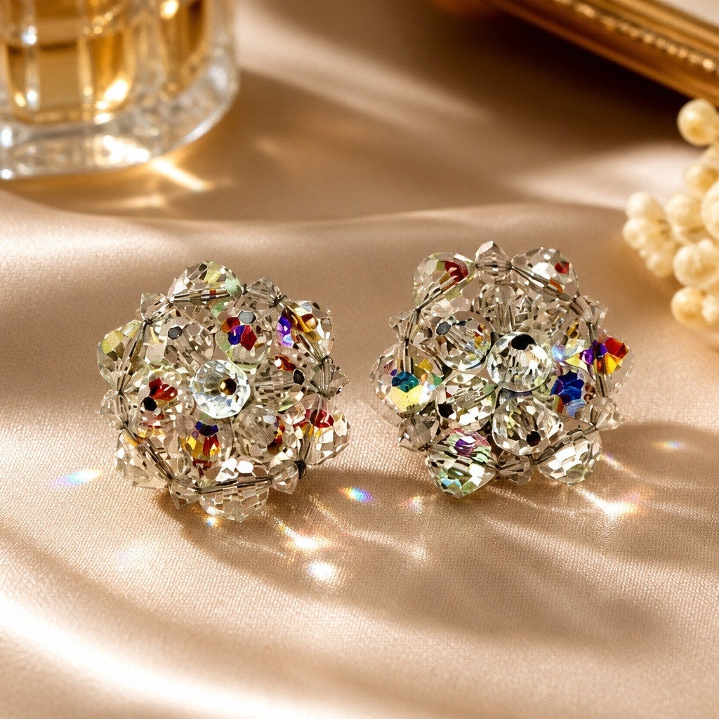 Vintage 1950s Mid-Century Austrian Crystal Aurora Borealis Beaded Cluster Clip-on Earrings