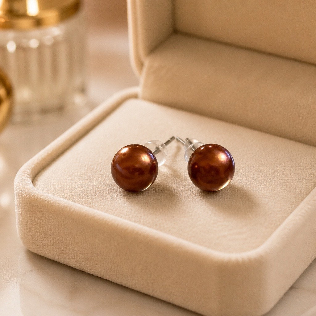 Brown Pearl Stud Earrings