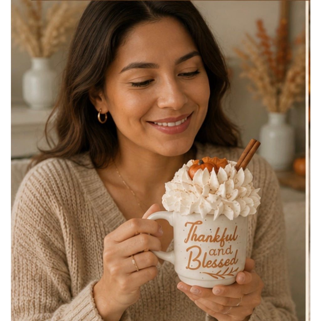 Rustic "Thankful and Blessed" Whipped Cream Mug Decor | Farmhouse Fall Coffee Cup Display