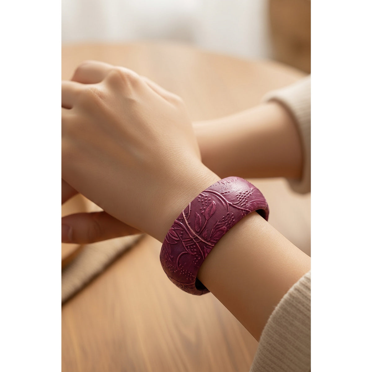 Vintage Deep Carved Purple Floral Genuine Leather Statement Bangle