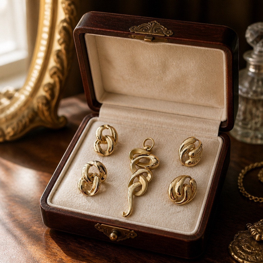 Signed Vintage 1970s Modernist Chunky Gold Link Pendant & Earring Set