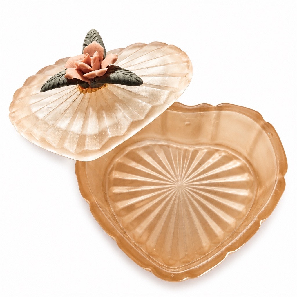 Vtg Peach Pink Frosted Glass Fluted Heart Trinket Dish 3D Rose Flower Lid