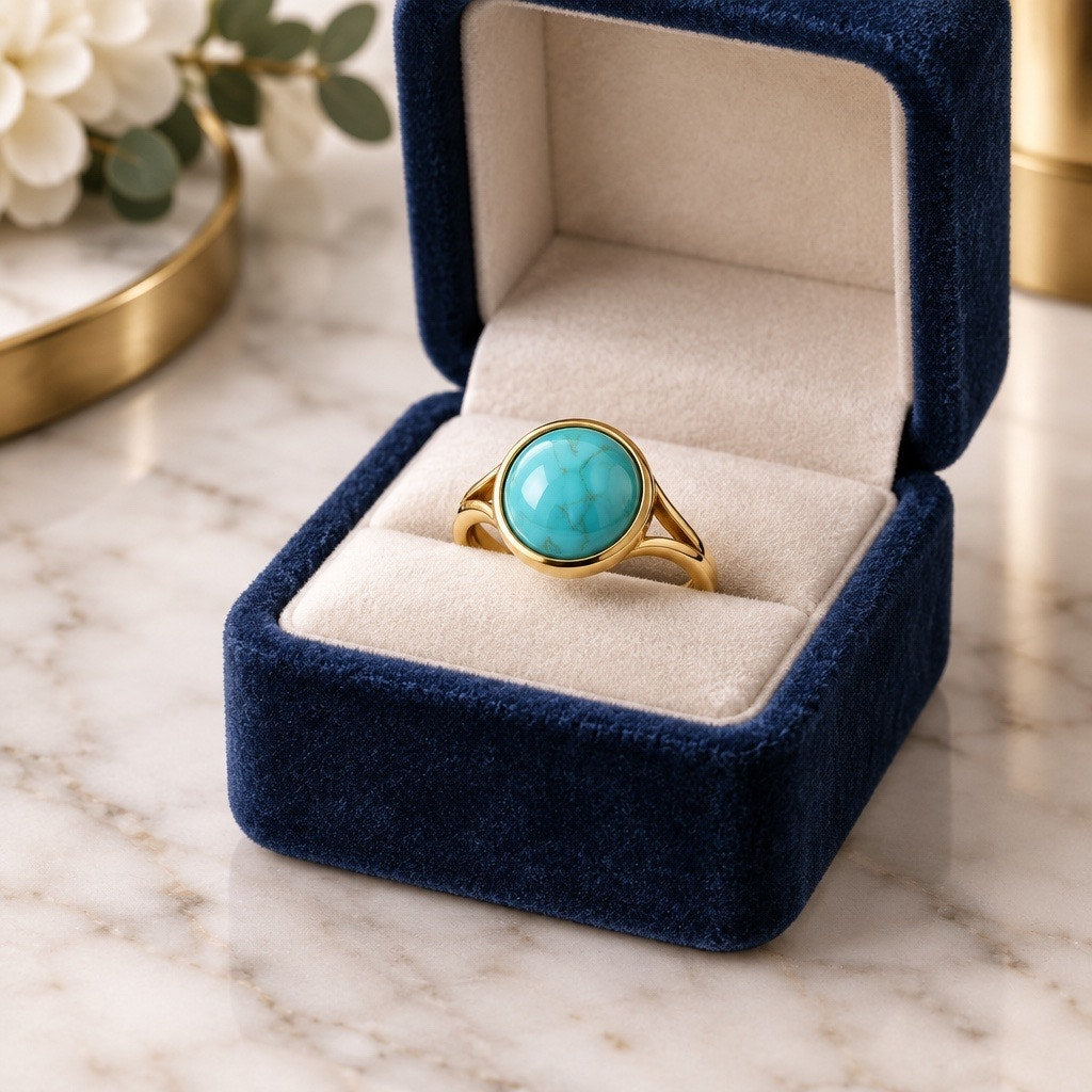 ✨ CHIC Gold Simulated Turquoise Solitaire Statement Ring ✨ size 9
