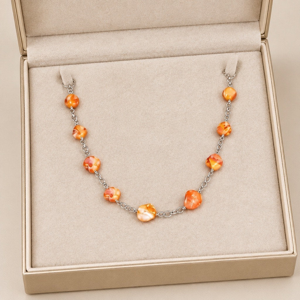 Vintage Discontinued PD Orange Marbled Lucite Bead Layered Station Necklace