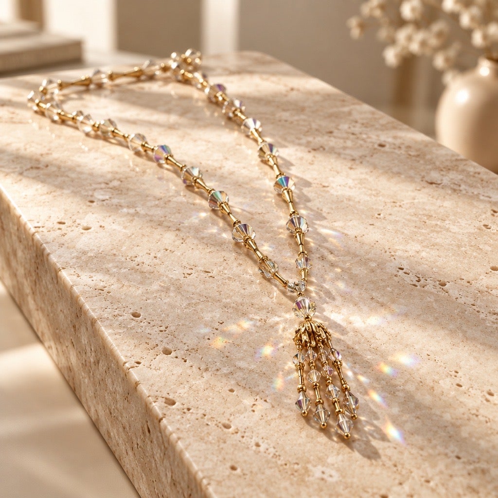 Mid Century 1960 s Aurora Borealis Crystal Flared Link Tassel Necklace