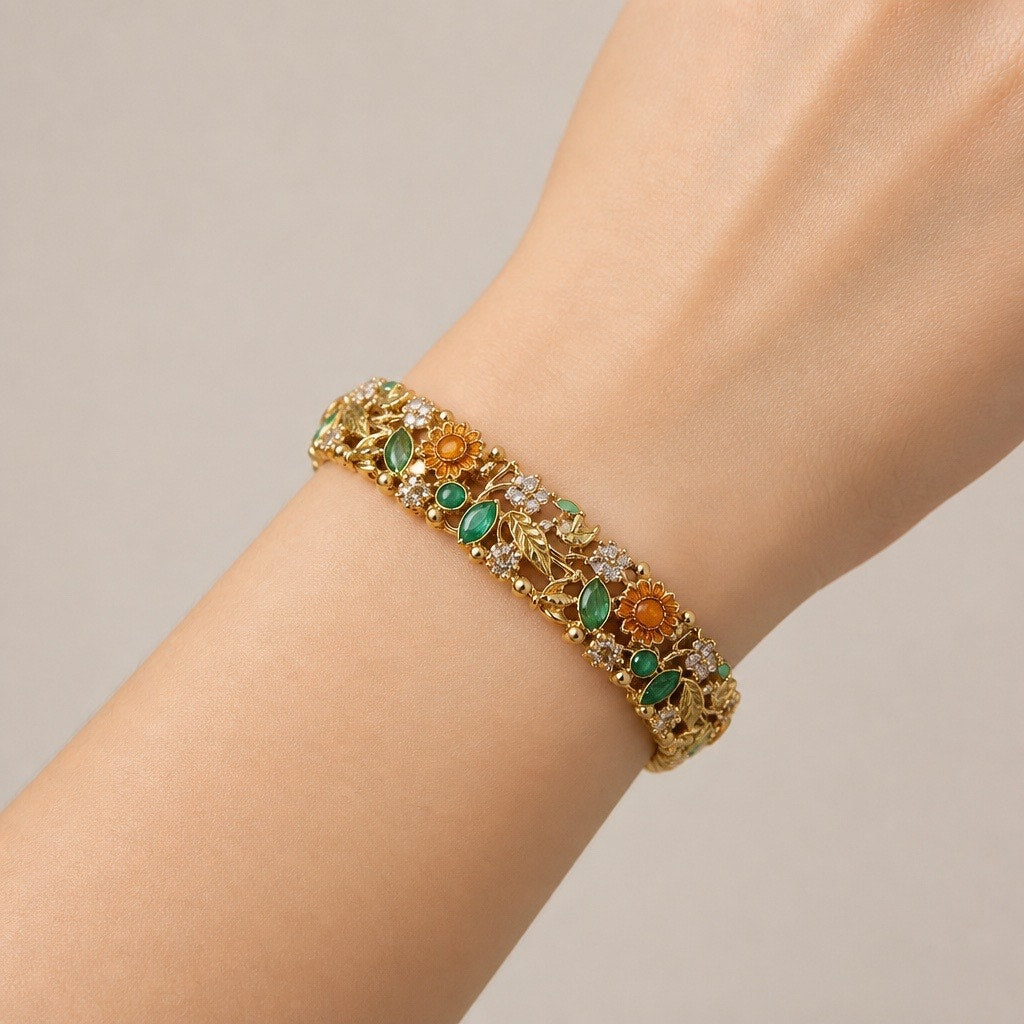 VTG Liz Claiborne Signed Gold Tone Enamel "Blossoms & Bees" Floral Panel Link Bracelet