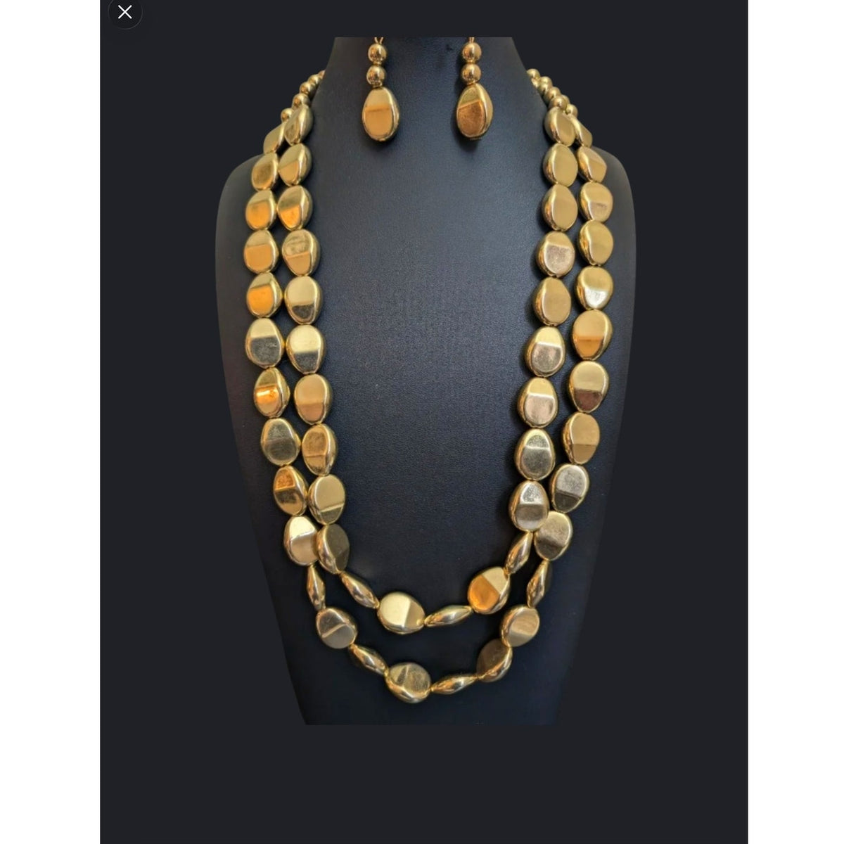 Vintage Gold Tone Double Strand Pebble Station Necklace & Matching Earrings Set