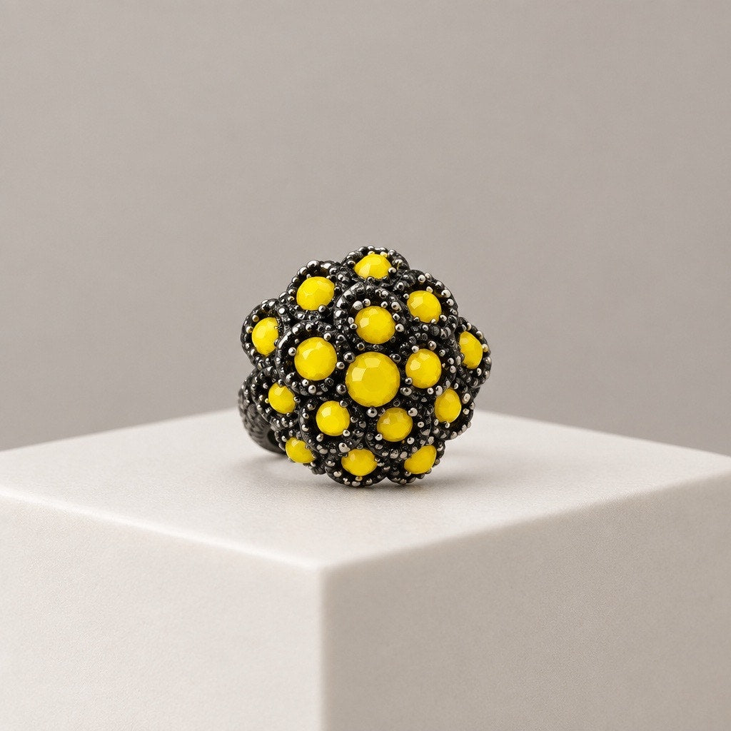 Vintage Brutalist Gunmetal Dome Avant-Garde Canary Yellow Enamel Statement Ring