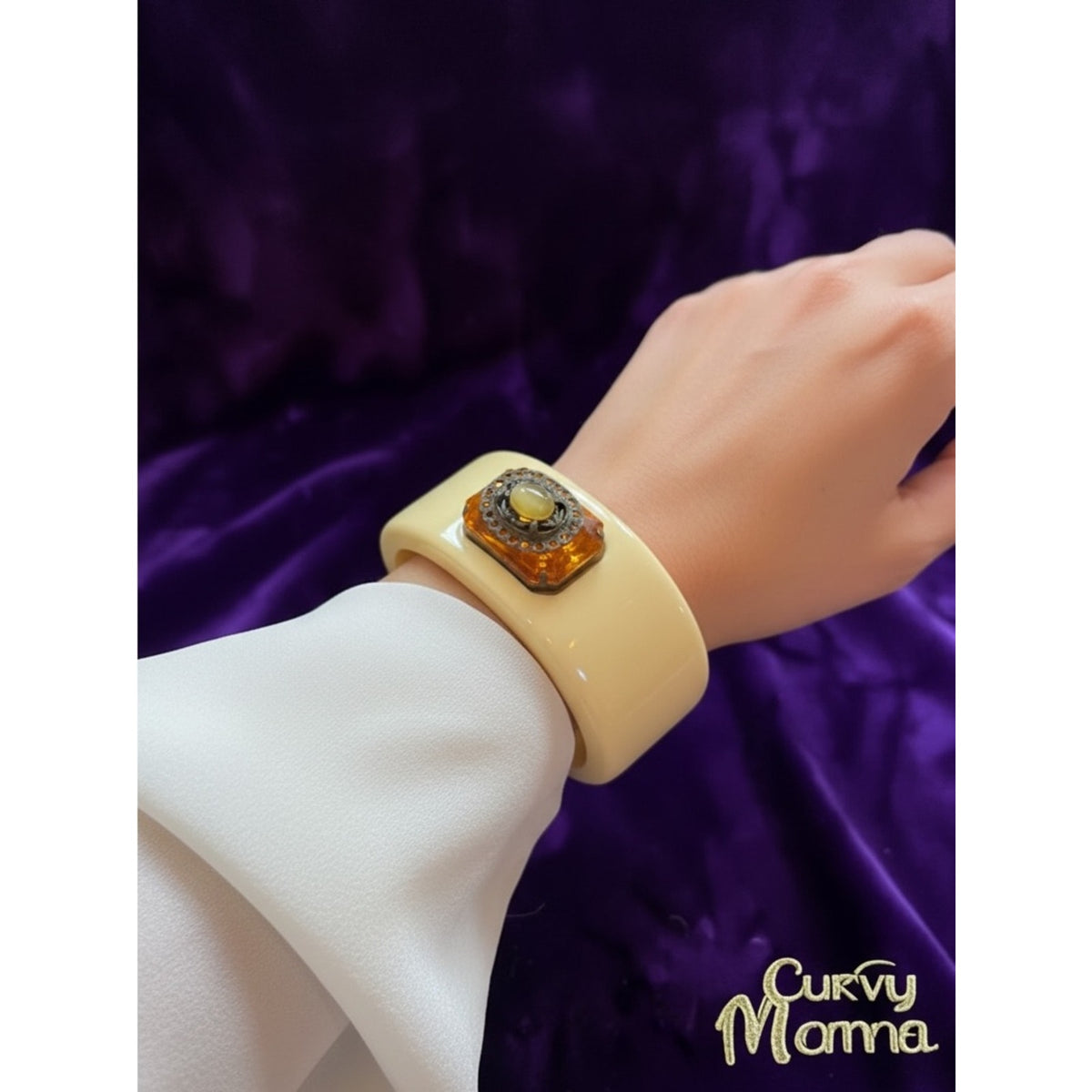 intage Chunky Cream Clamper Cuff Bracelet • Amber Rhinestone Focal