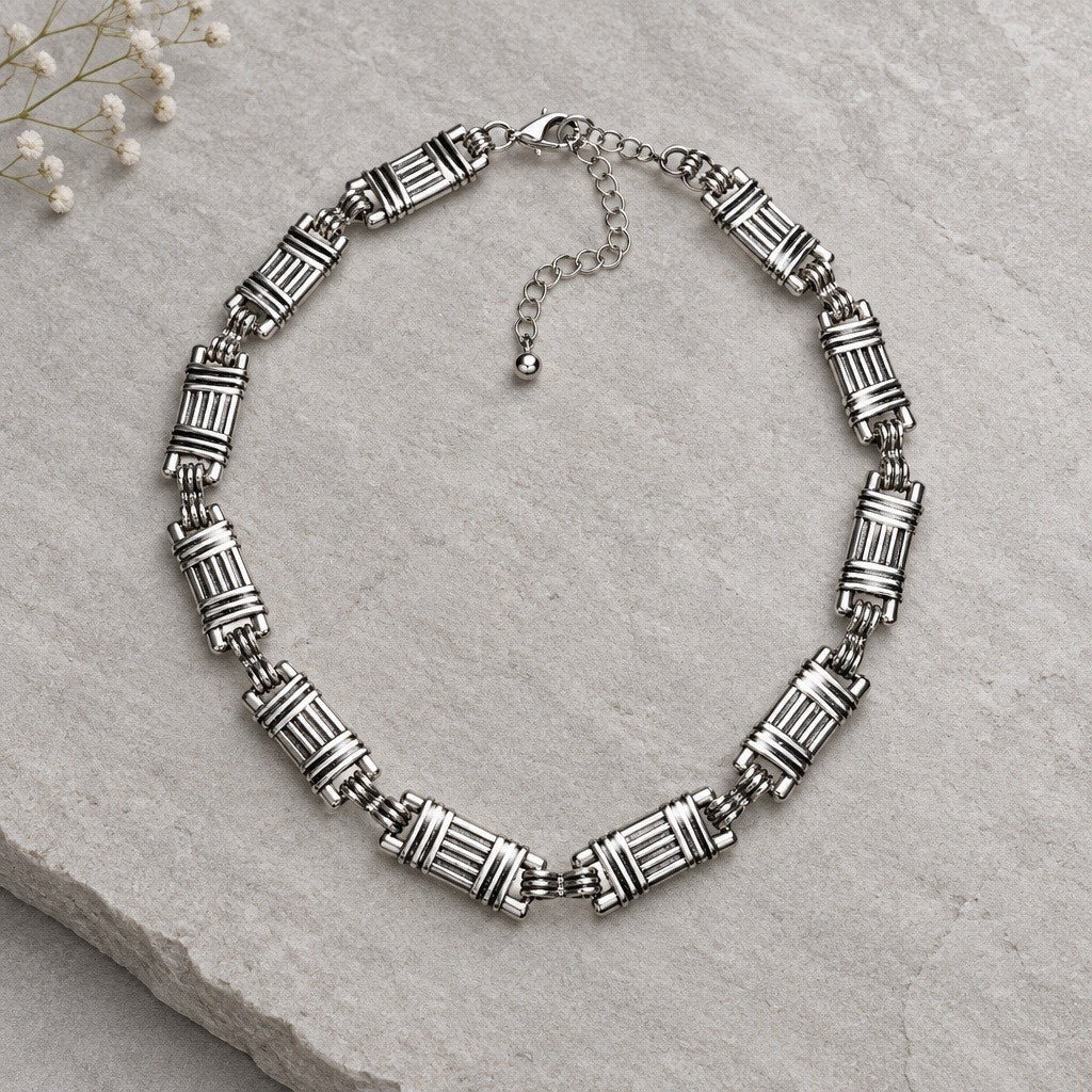 Vintage Premier Designs Silver Geometric Link Necklace, Heavy Modernist Runway