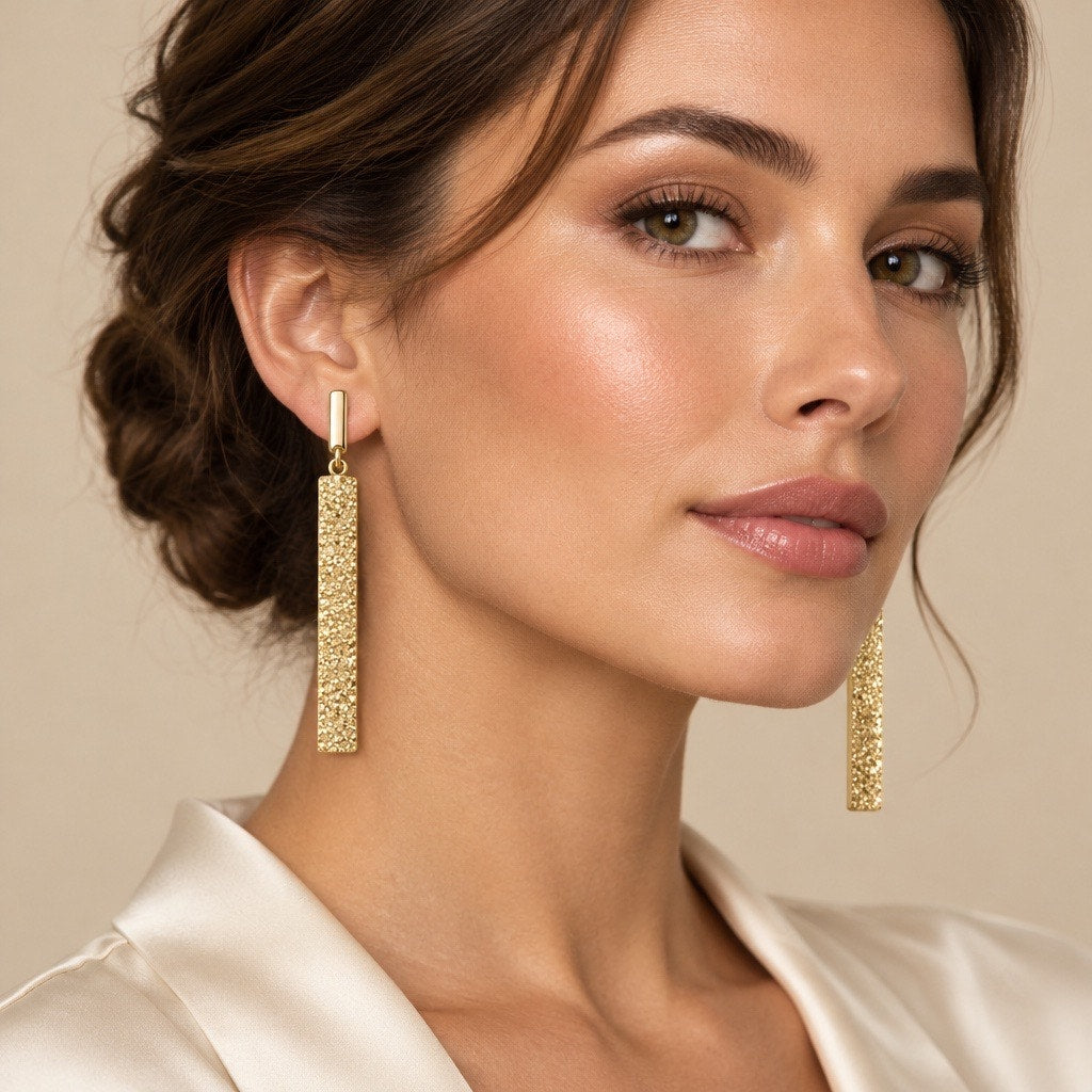 Vintage 1990s Textured Gold Dust Bar Earrings, Elegant Mid-Century Linear Drops