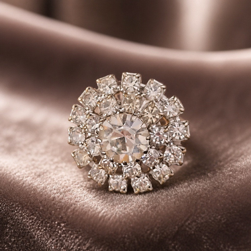 Vintage Rhinestone Sunburst Dome Cocktail Ring • Mid-Century Glamour Statement
