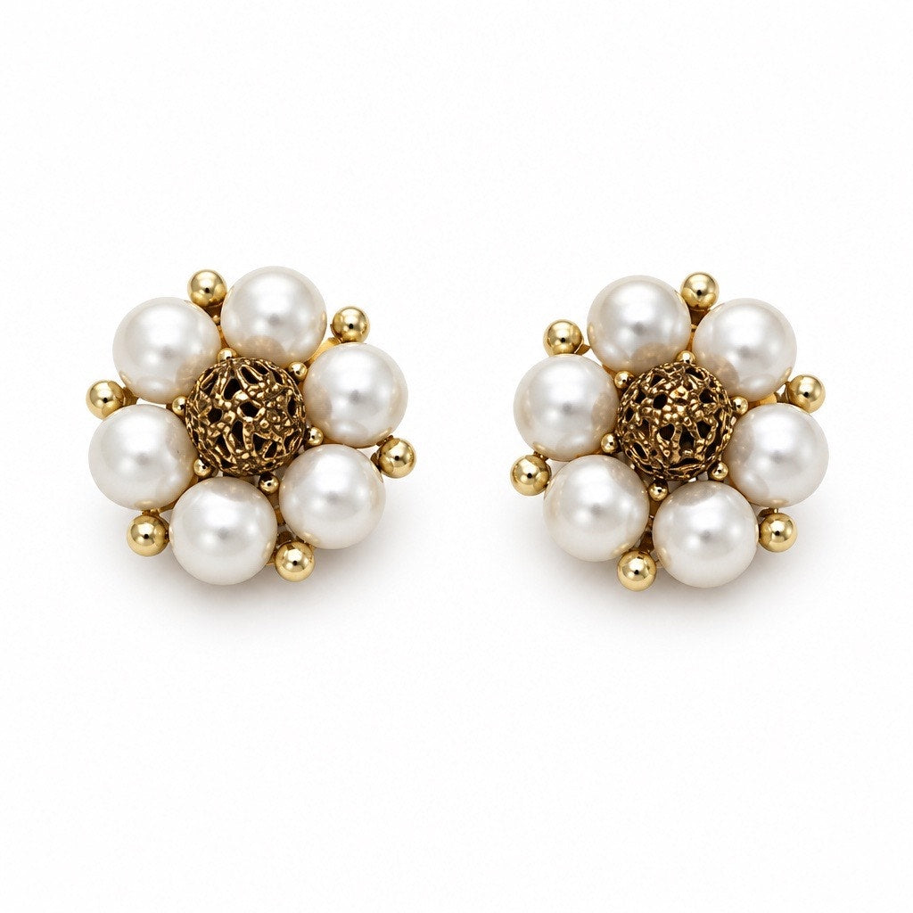 "The Gilded Blossom" Vintage Lisner Signed Pearl Filigree Cluster Clip Earrings