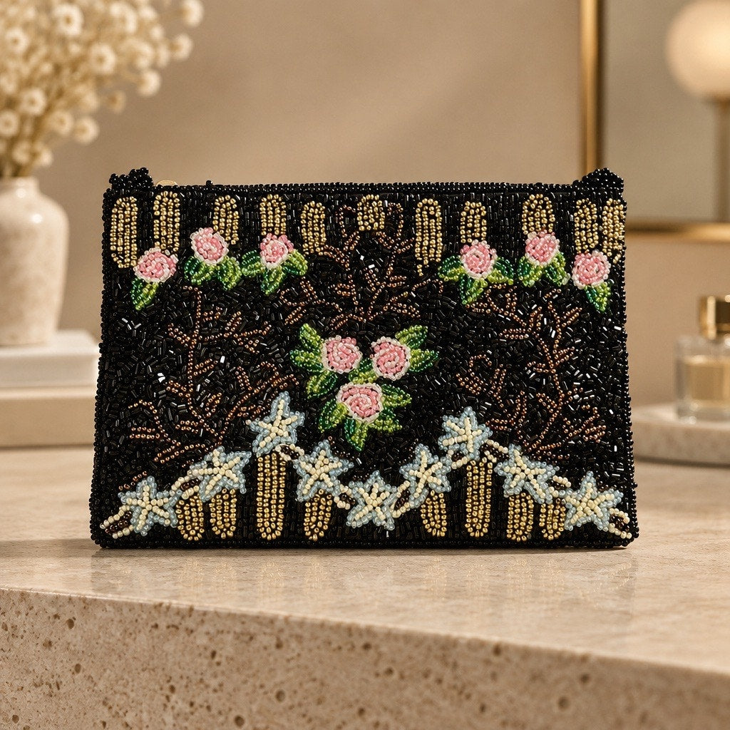 Mid-Century Rare Museum Grade Parisian-Style Botanical Micro-Beaded Clutch