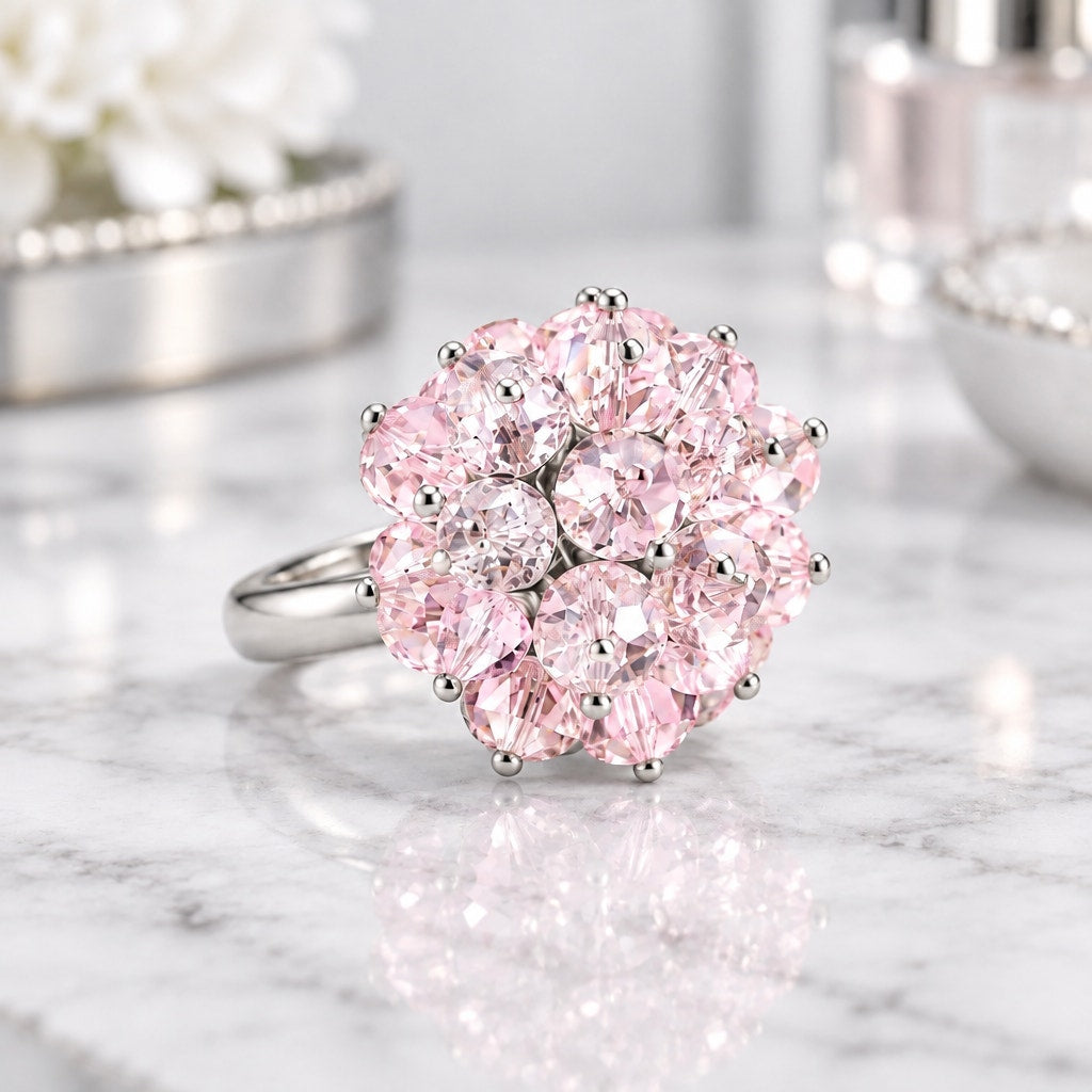 Vintage 1950s RARE The Blush Blossom Crystal Cocktail Ring