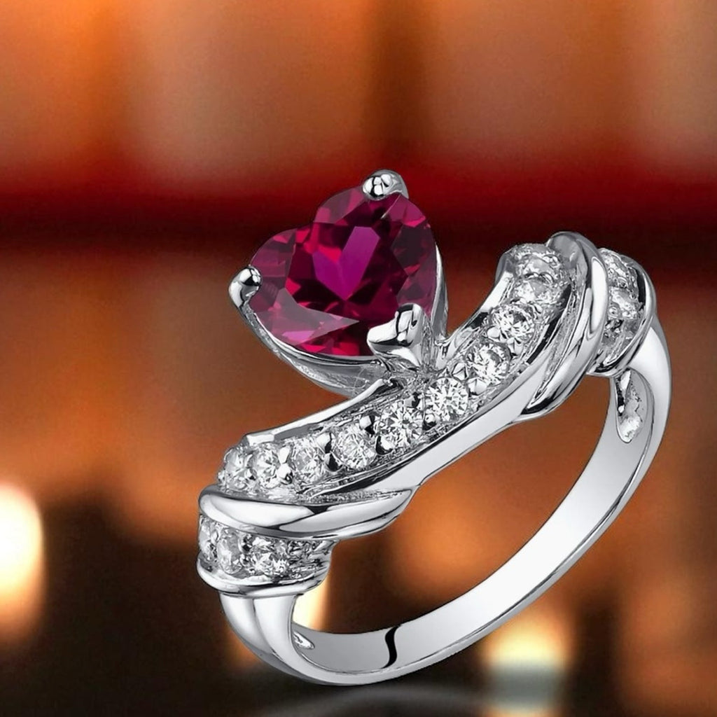 Modern Luxury 925 Sterling Silver Radiant Red Heart and Twisted Pavé Ribbon Ring