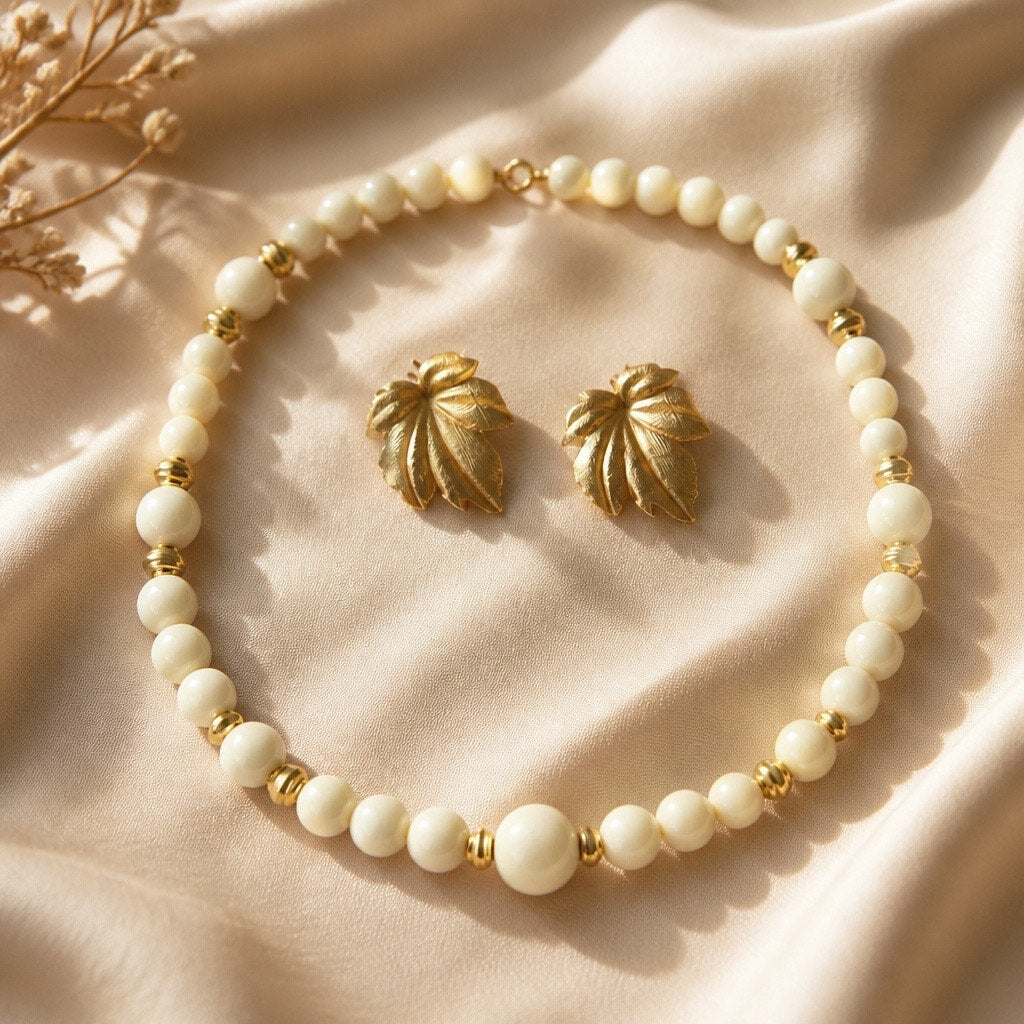 Mid-Century Gold Maple Earrings & Premier Design Graduated Pearl Strand Set-2 for 1