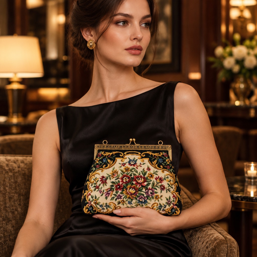 Mid Century French Gobelins Tapestry Clutch | Floral Petit Point Frame Filigree