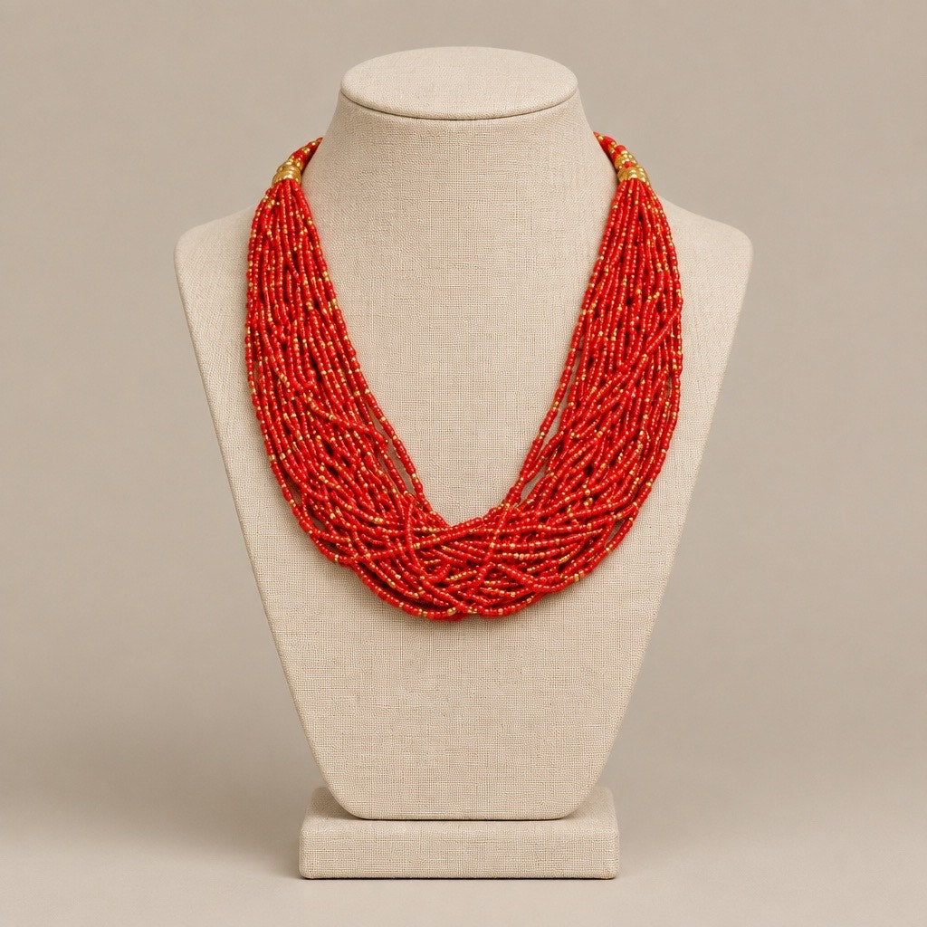Vintage Multi-Strand Red Glass Seed Bead Statement Bib Necklace Gold Tone