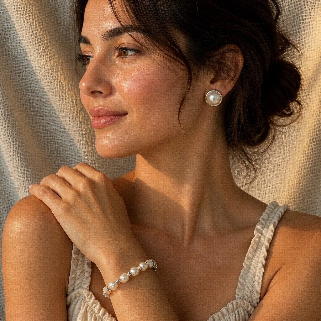 THE AUDREY HEPBURN TRIO Vintage Glass Pearl Earrings & Bracelet Set
