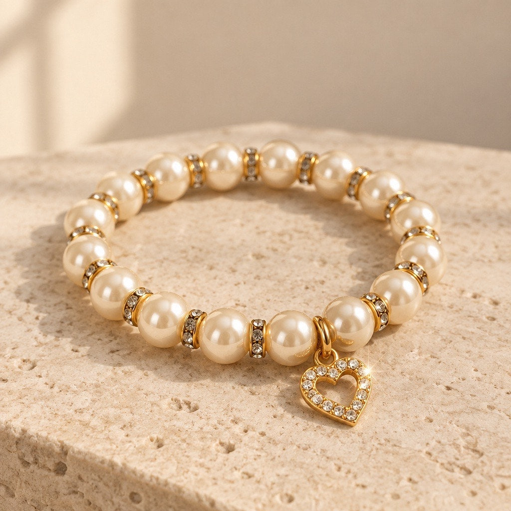 Coquette Pearl Rhinestone Rondelle Pave Heart Charm Bracelet