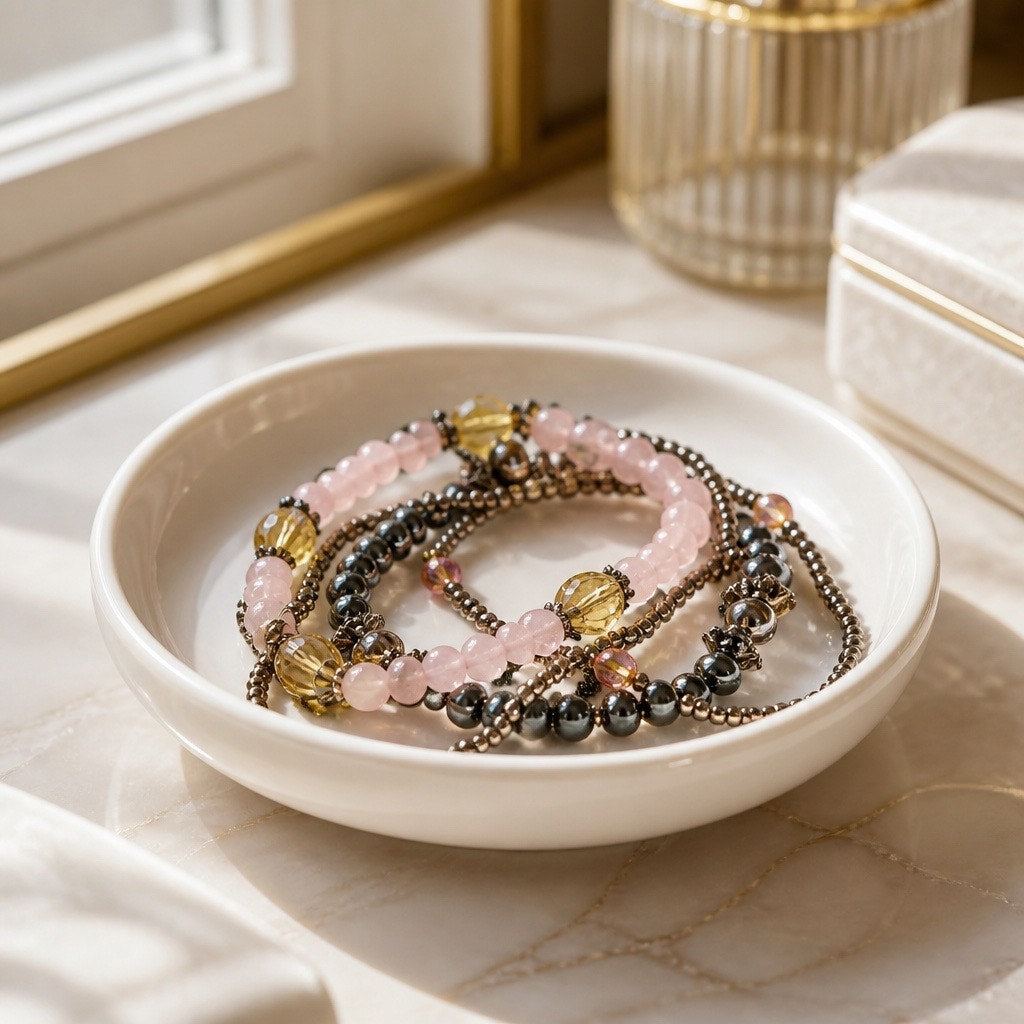 Vintage Rose Quartz Stretch Bracelet Set