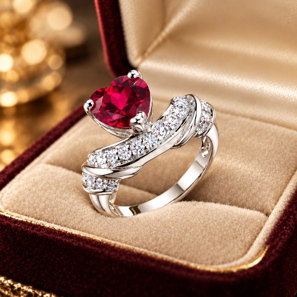 Modern Luxury 925 Sterling Silver Radiant Red Heart and Twisted Pavé Ribbon Ring