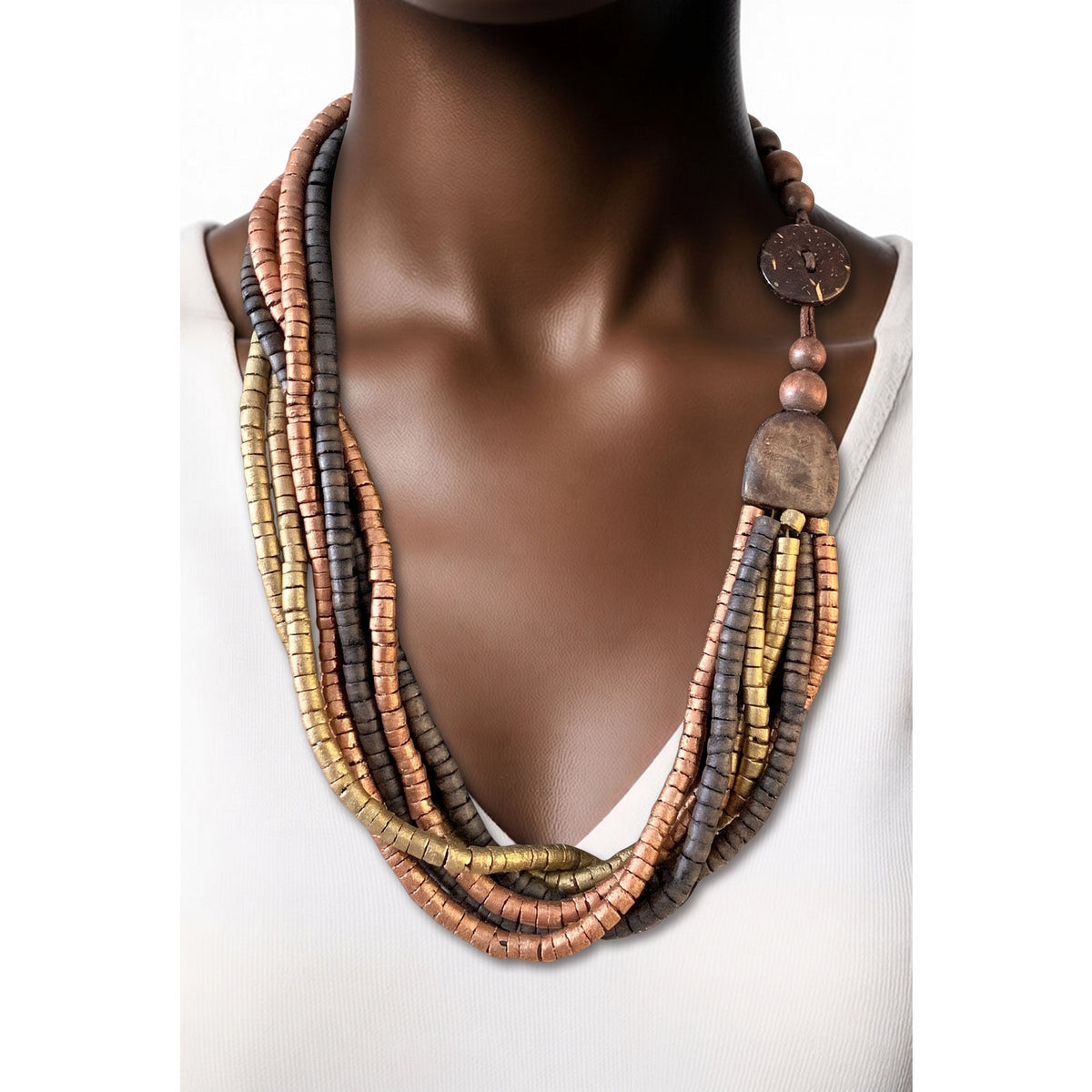 The Serengeti Multi-Strand Strand – Mixed Metallic Wooden Heishi Collar Vintage