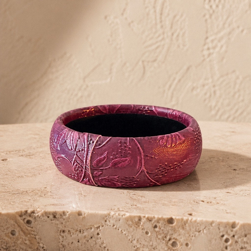 Vintage Deep Carved Purple Floral Genuine Leather Statement Bangle