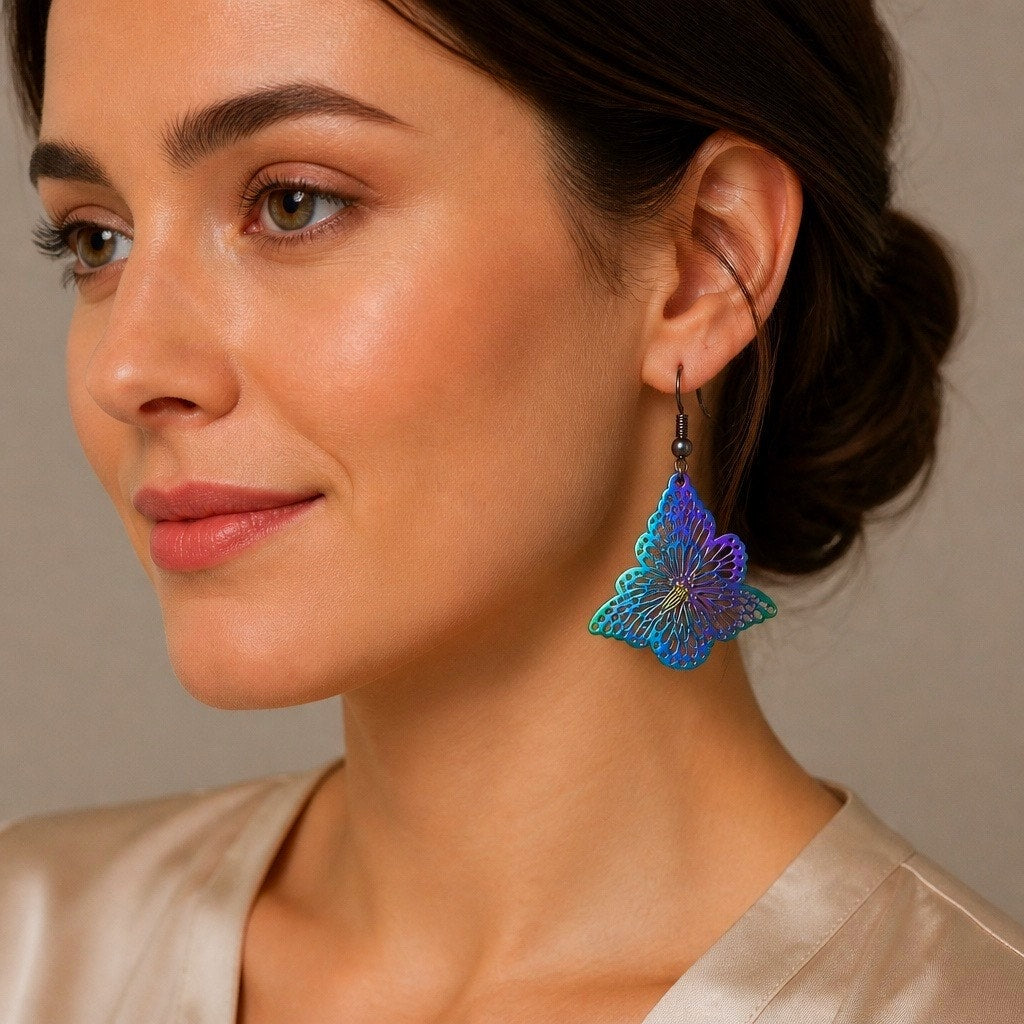 Iridescent Purple & Blue Butterfly Dangle Earrings