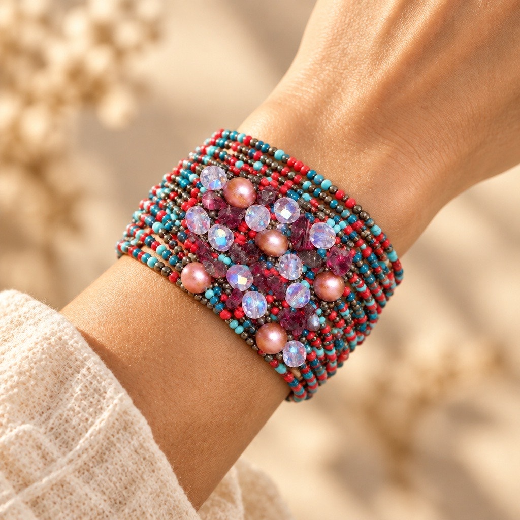 Chunky Artisan Beaded Cuff • Mixed Seed Beads with Gemstone Cluster Center