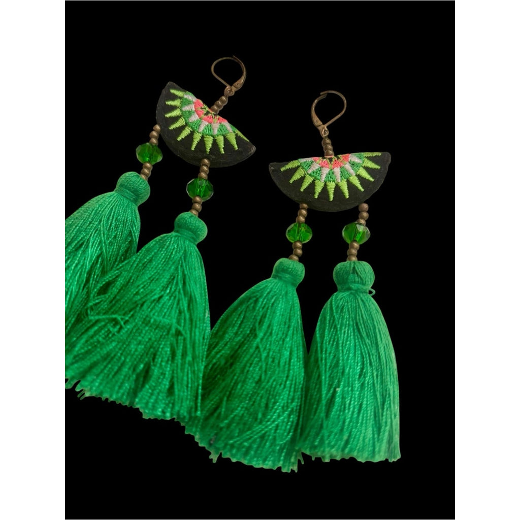 Handcrafted Vibrant Green Tassel Statement Earrings