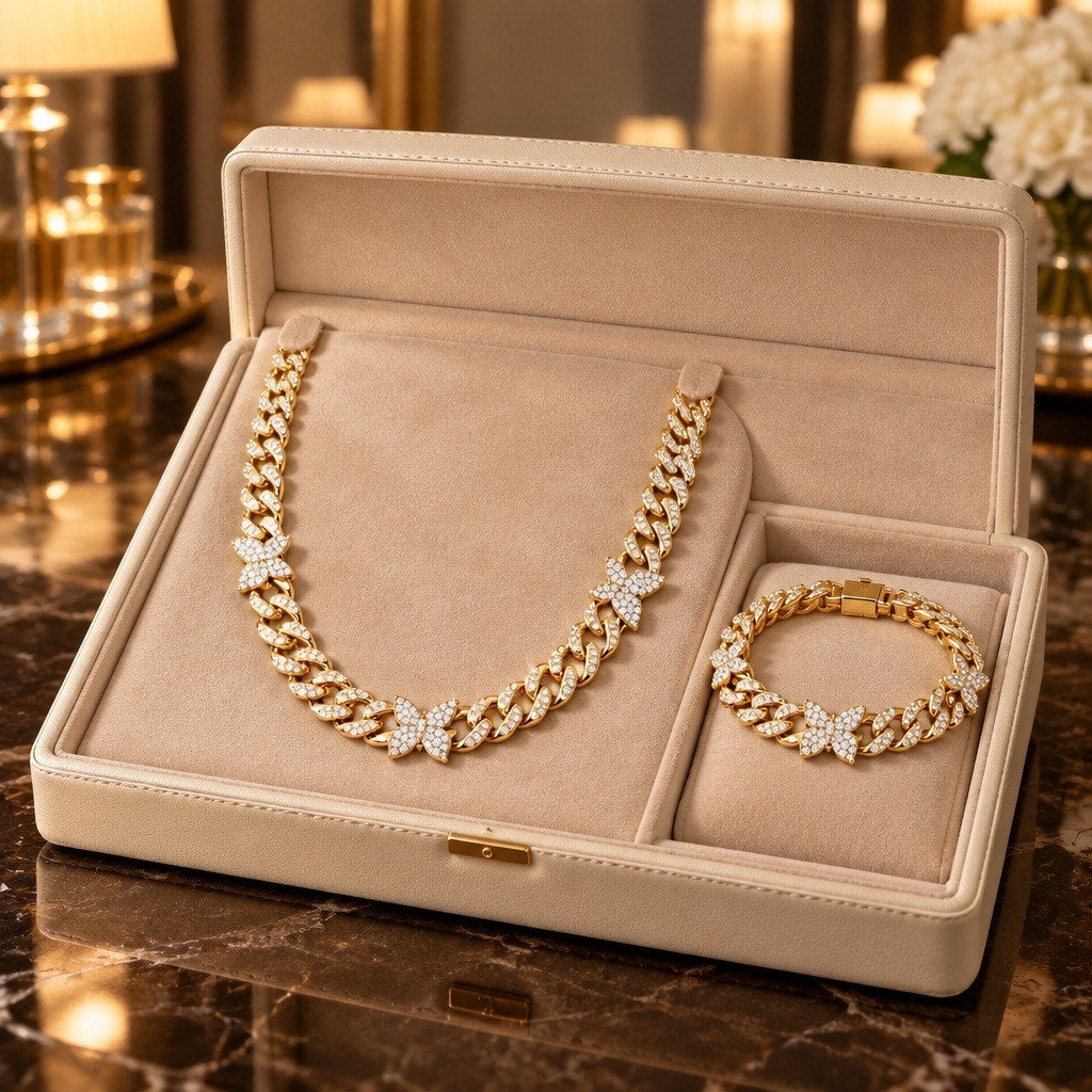 Vintage Gold Iced Out Cuban Link Chain Set, Rhinestone Butterfly Choker and Matching Bracelet,
