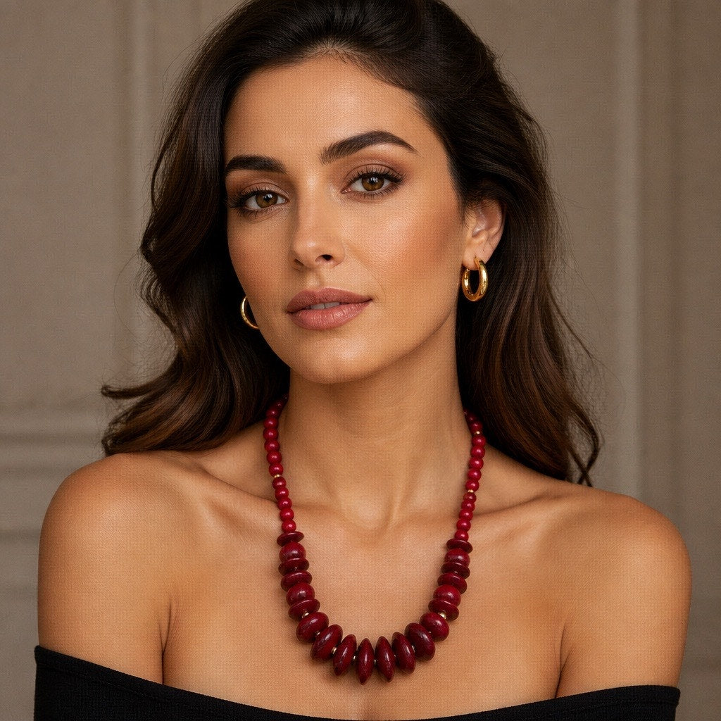 Retired Premier Designs Dark Red Chunky Beaded Choker with Hoop & Floral Stud Curated Set