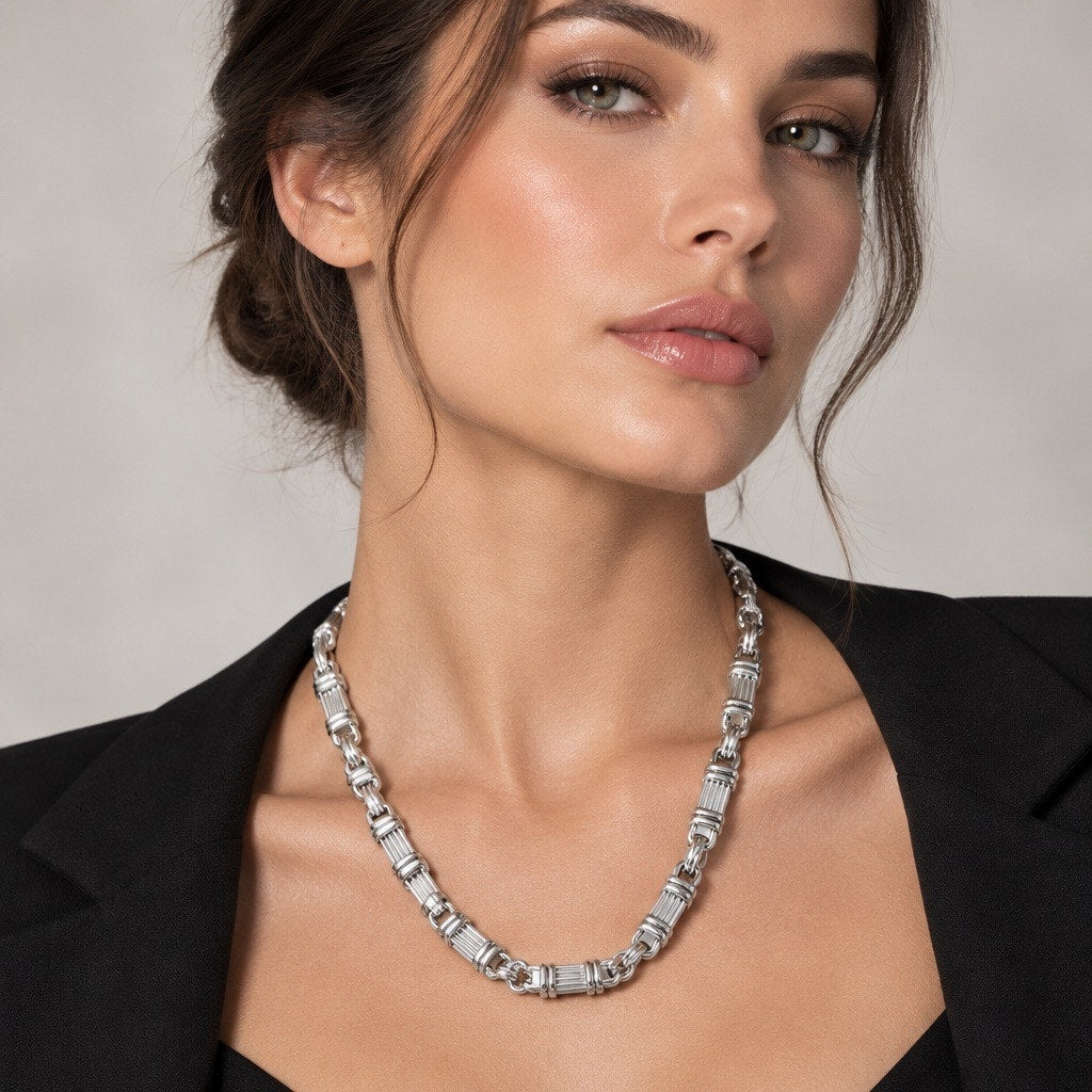 Vintage Premier Designs Silver Geometric Link Necklace, Heavy Modernist Runway