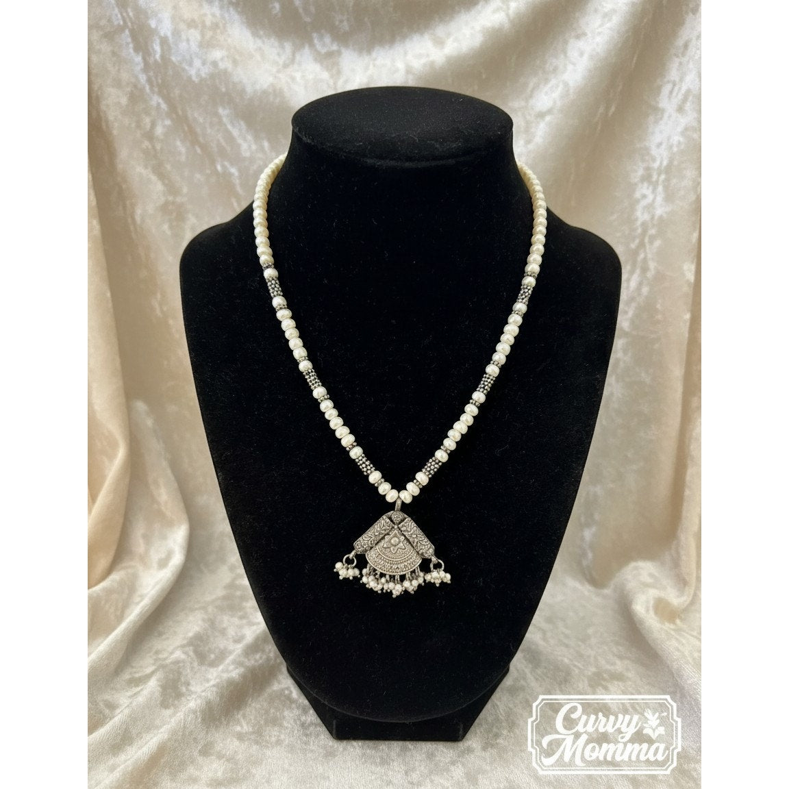 Boho Tribal German Silver Necklace – Statement Pendant with White Pearls