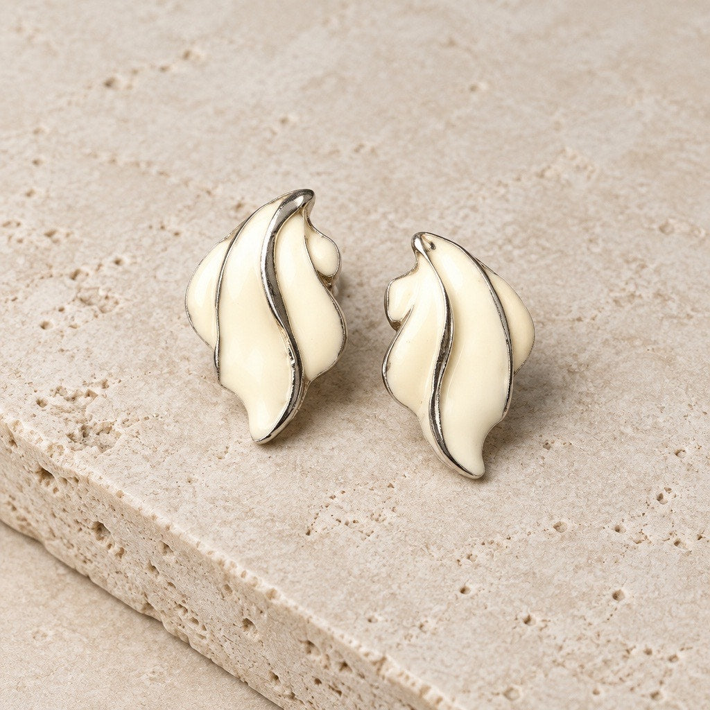 Estate Mid-Century Mod Sculptural Flame – Heavy-Weight Ivory Enamel Swirl Studs