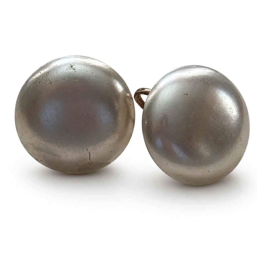 Mid Century Round Silver Tone Pearl Cabochon Screw Back Earrings
