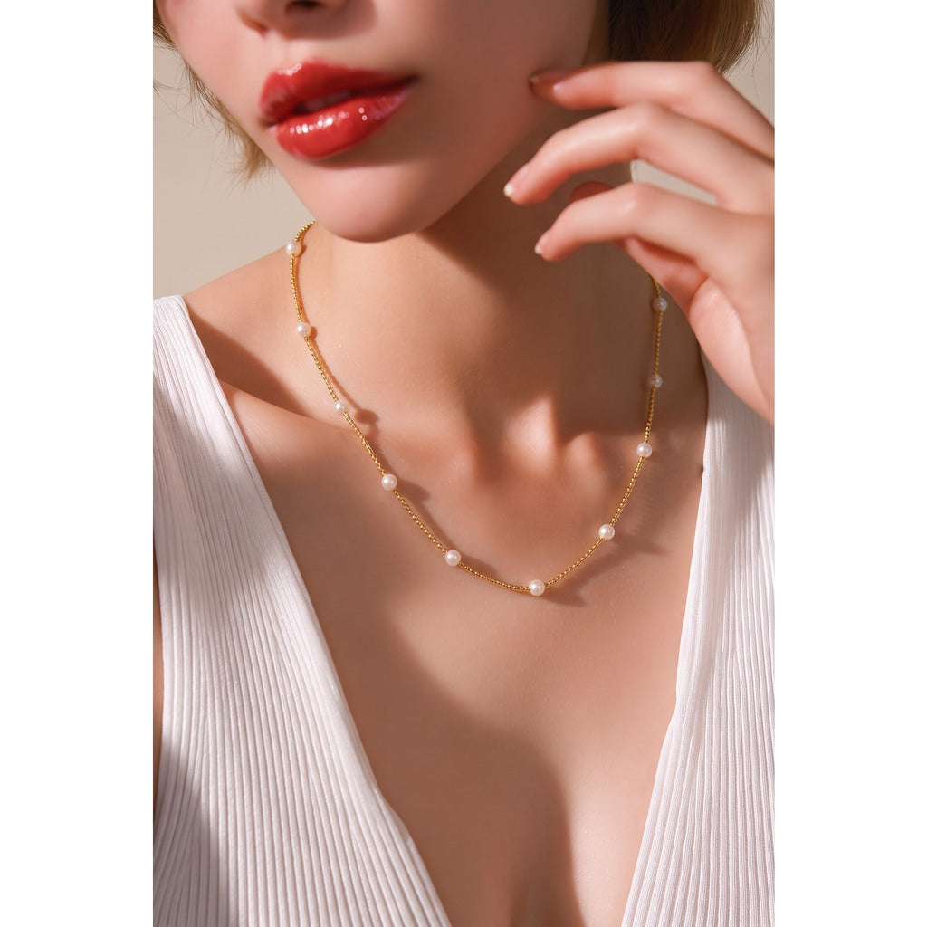 The Riviera Choker – Dainty Floating Pearl & Gold Station Chain