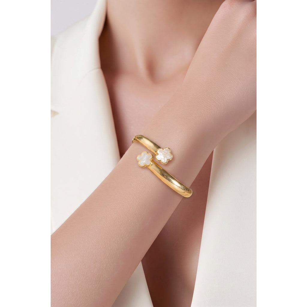 Elegant Gold-Tone Mother of Pearl Style Double Clover Open Cuff Bangle