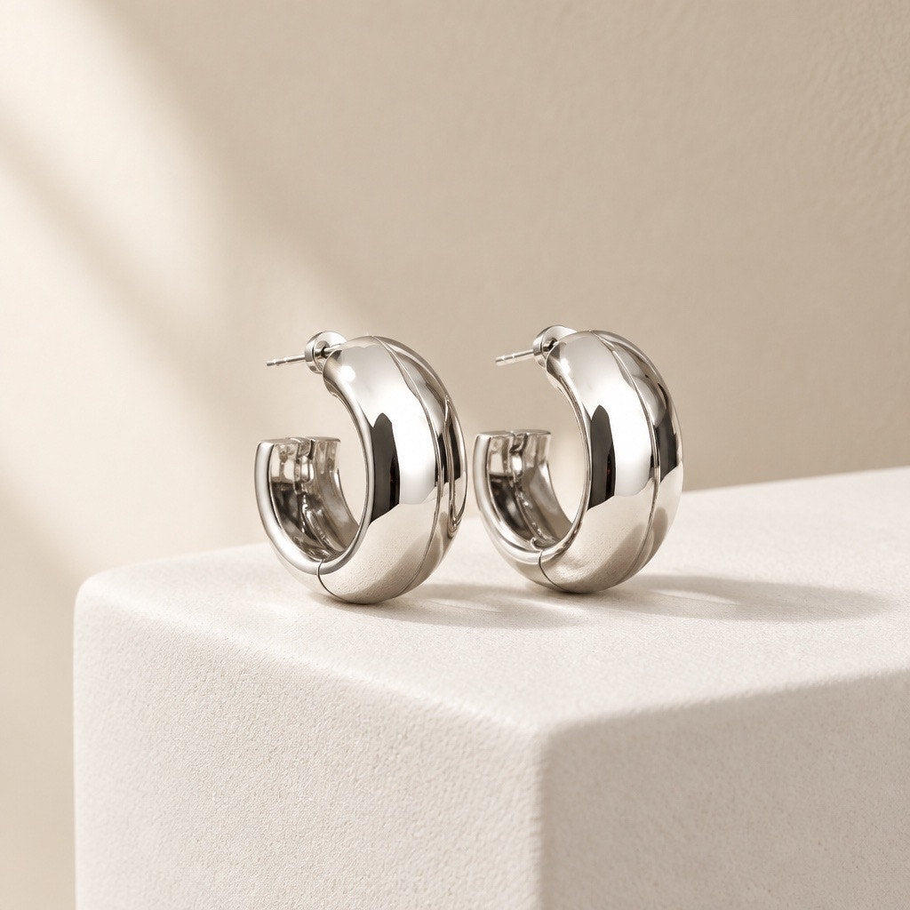 Vintage Molten Textured Silver Crescent Hoops, Thick Luxury Statement Loops